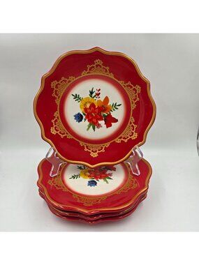 Pioneer Woman Winter Bouquet Set of 2 Salad Plate Red Trim with Gold Scrolls